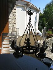 Hanging - wrought iron chandelier - 5 lights - wood and ceramic - 60s/70s