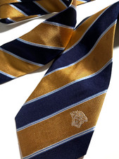 VERSACE VINTAGE '10s MEDUSA HEAD TIE RAYÉ JACQUARD TISSÉ ITALY DEEP BLUE GOLD