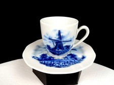 BMF Delft Blauw Porcelain Blue Windmill Vintage 2 1/4" Demitasse Cup & Saucer