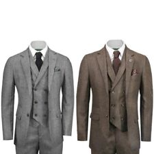 Hommes à Chevrons 3 Pièce Costume Rétro 1920s Gris Marron Tweed Classique Ajusté
