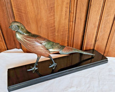 ART DECO  FAISAN  EN REGULE POLYCHROME SUR MARBRE NOIR SIGNE ROCHARD A RESTAURER