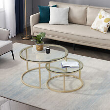 Lot de 2 Table Basse Table en Verre Gigogne Ronde-Clair et Doré - ø 60 + 40cm