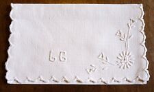 LG Antique Hand Embroidered Towel Holder/White Linen Festoon/Flowers/Mono