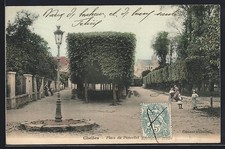 Old postcard Chelles, Place du Poncelet with children playing and floor lamp 1905 
