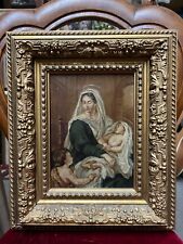 HST painting Virgin and Child haloed & Saint John the Baptist 19th century signed framed