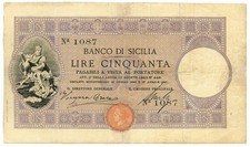 50 LIRE BANCO DI SICILIA BIGLIETTO AL PORTATORE PRIMA DATA 27/04/1897 MB/MB+