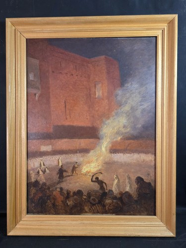 Tableau huile scène fête - huile,