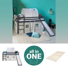Lit superposé enfant 90x200 toboggan lit mezzanine bois de pin gris Homestyle4u