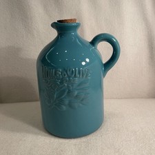 Vtg Turquoise Ceramic Olive Oil Jug Dispenser- Huile D’Olive Embossed Cork Stop