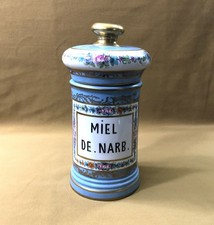old pharmacy jar NARBONNE HONEY porcelain signed painted floral decor & gold