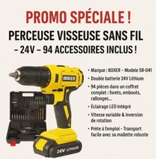 Perceuse visseuse sans fil BOXER SR-041 – 24 V – 2 batteries – Coffret 94 acces.
