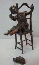 Statue Sculpture Chat Fille Chaise Style Art Deco Style Art Nouveau Bronze massi