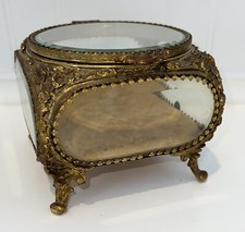 ANTIQUE VICTORIAN ORMULU BEVELED GLASS CASKET BRASS JEWELRY BOX VITRINE