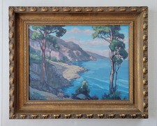 Listed Early California Style Coastal Eucalyptus Pacific Point Oil Painting Fine