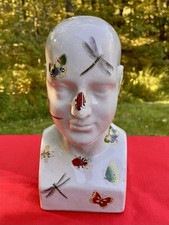 Phrenology Ceramic Head With Crackle Finish & Decorative Butterflies And Insects