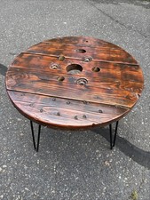 Handmade Rustic Cable Spool Coffee Table – Wood & Metal Hairpin Legs