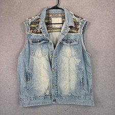 Smoke Rise Denim Vest Mens Large Light Wash Frayed Sleeveless Distressed Aztec