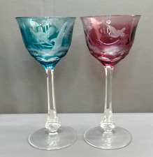 Rare Moser Pattern Hunting Engraved Birds Two Colored Wine Glasses Signed