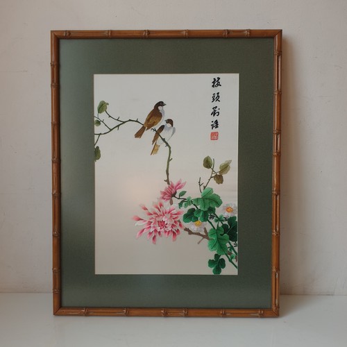 Tableau fil soie fleur - soie, oiseau
