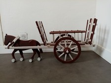 jouet ancien Dejou grand attelage cheval et charette, roues cerclées