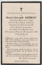 T3 veterinary death certificate Major Henri Joseph GOBERT 1918