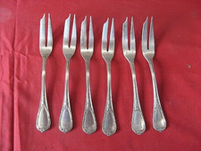 ++"505.23"6 FOURCHETTES A GATEAU 2 DENTS  METAL ARGENTE GRAVEE "LE POUSSIN BLEU"