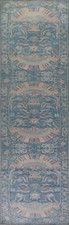 Tapis Couloir Art Déco Chinois En Laine Teinté Végétal 3x12 Bleu Fait Main
