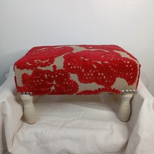 Vintage Red Velvet and Beige Linen Upholstered Footrest