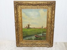 Peinture " Paysage Avec Un Village Et Un Moulin À Vent " Signée