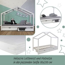 Cadre Lit Cabane d'enfant 90x200 matelas lattes bois blanc 2 tiroirs Homestyle4u