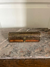 Ancien Boîte Bijoux Crayon Plumier Bois Laiton Doré Orientale Ottoman Islamique