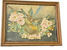 ANCIEN TABLEAU TOILE NATURE LES OISEAUX AU NID CADRE BOIS