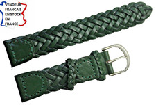 Bracelet montre ; 20mm ;CUIR TRESSE , couleur VERT FONCE , boucle ARGENTEE / 005