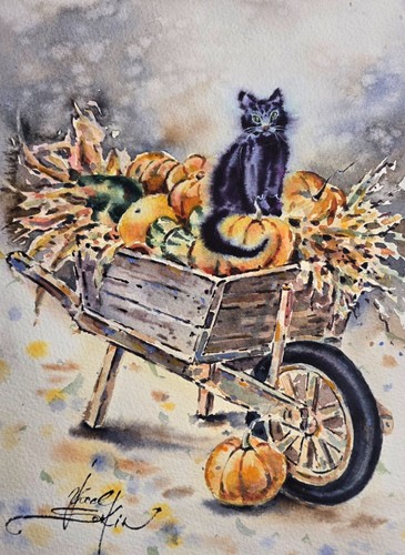 Aquarelle originale chat noir