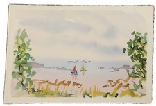 Watercolor painting on paper Georges Briot (1934) navy boat sky gray blue