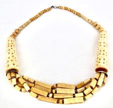 Vintage Tribal-Style Bib Necklace Tawny Bone Tubes Scrolls Clinkers Beads Tin