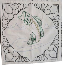 Large Mouth Bass  Handmade Embroidered Table Runner  Blue White Green 32"X 50"