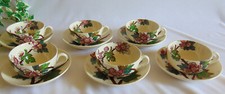 6 CUPS, SAUCERS FINE FAIENCE SARREGUEMINES OR CREIL 19TH CENTURY PLUM BLOSSOM
