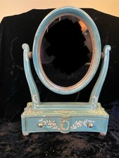 Vintage Blue FLORENTINE hand Painted Wood Tilt Mirror Dresser Vanity Jewelry Box