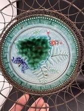Antqiue Villeroy & Boch Greek Key & Fern Leaf Dragon Majolica Plate  Wire Egg