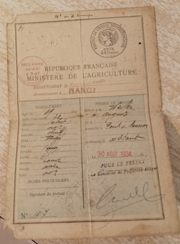 Ancien permis chasse 1934 - ancien,