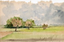 Paysage aux arbres / aquarelle originale / beau papier fait main