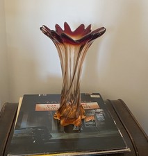 Vintage Murano Style Blown Glass Vase - Ruby Red Amber Gradient - 31cm