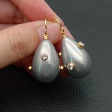 Teardrop Grey Sea Shell Pearl Cz Pave Hook Earrings