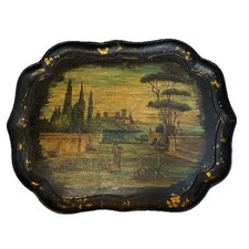 Antique 19thC Hand-Painted Papier-Mâché/Tole Tray Italian Landscape 27”x20.5”