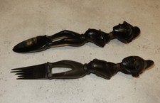 AFRICAN ART EBONY CARVED CHARACTER SPOON FORK