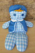 🦁 FISHER PRICE VINTAGE 1977  DOUDOU POUPEE GARCON VICHY BLEU HOCHET 32CM BE