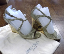 Jimmy Choo Verrin Beige Snake Strappy Gold Metallic 4" Wedge Heels Pumps 7.5 EUC