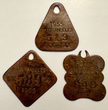 Dog Tax Tag Brass License Lot Consecutive yrs 1955-1957 Port Angeles Washington
