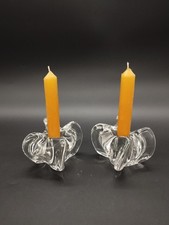 Pair of Clear Blown Glass Candle Holders - Vintage Design Art
